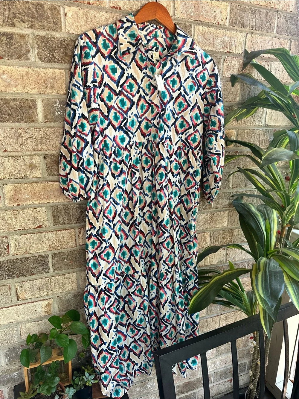 NWT Anthro Midi Dress inGeometric pattern. Button down long sleeve cotton - Picture 3 of 10